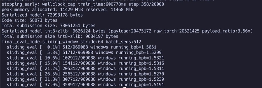 Parameter Golf training log: 600s wallclock, int8+zlib 9.6MB artifact, sliding-window BPB ~1.51