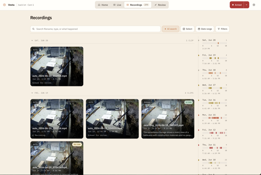Vesta recordings library with AI threat scores